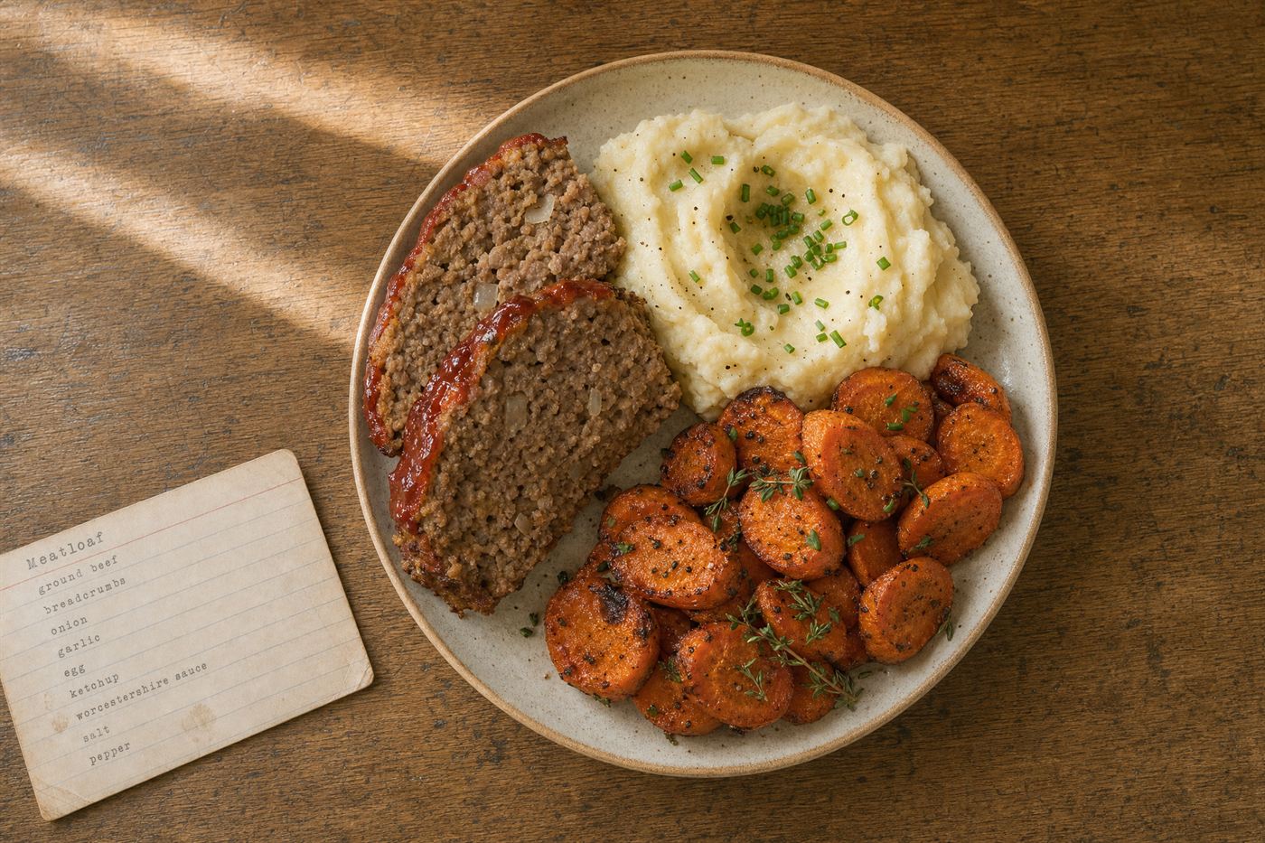 Seen from directly above, a plate of sliced meatloaf with mashed potato and roasted carrots on a wooden counter, beside part of the recipe card it came from