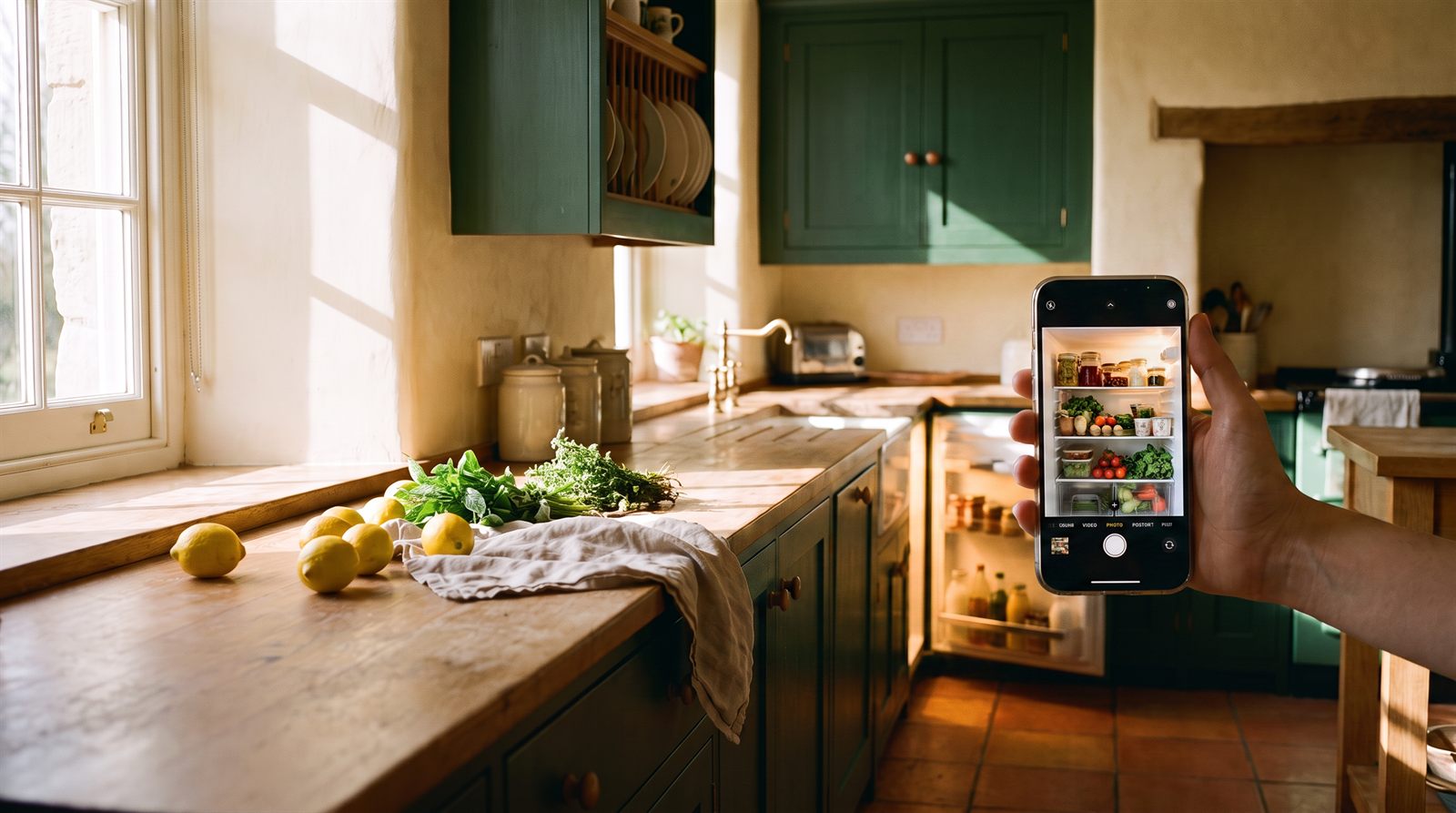 A phone held up to photograph the shelves of an open refrigerator in a sunlit kitchen