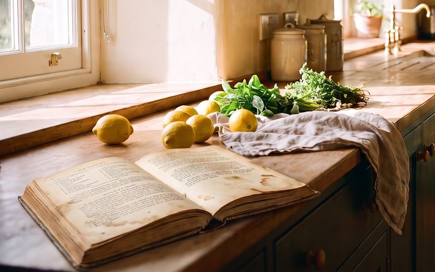 An open, stained cookbook lying on a wooden counter beside lemons and herbs in window light