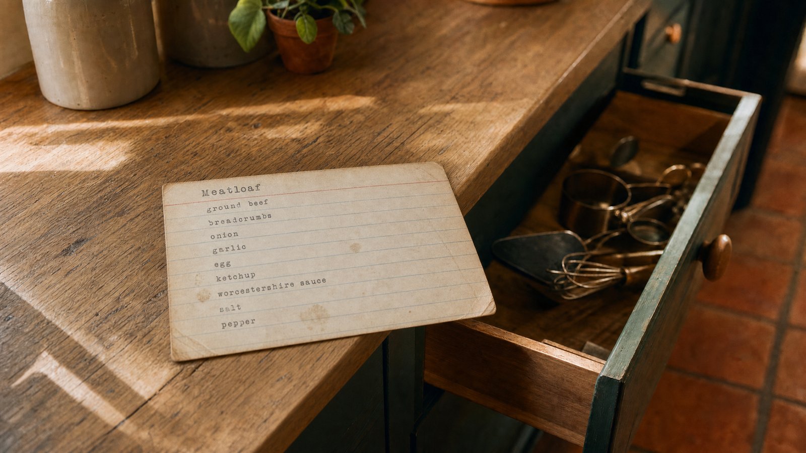 A faded typed recipe card headed Meatloaf on a wooden counter beside an open drawer of measuring spoons, its ingredient list carrying no measurements