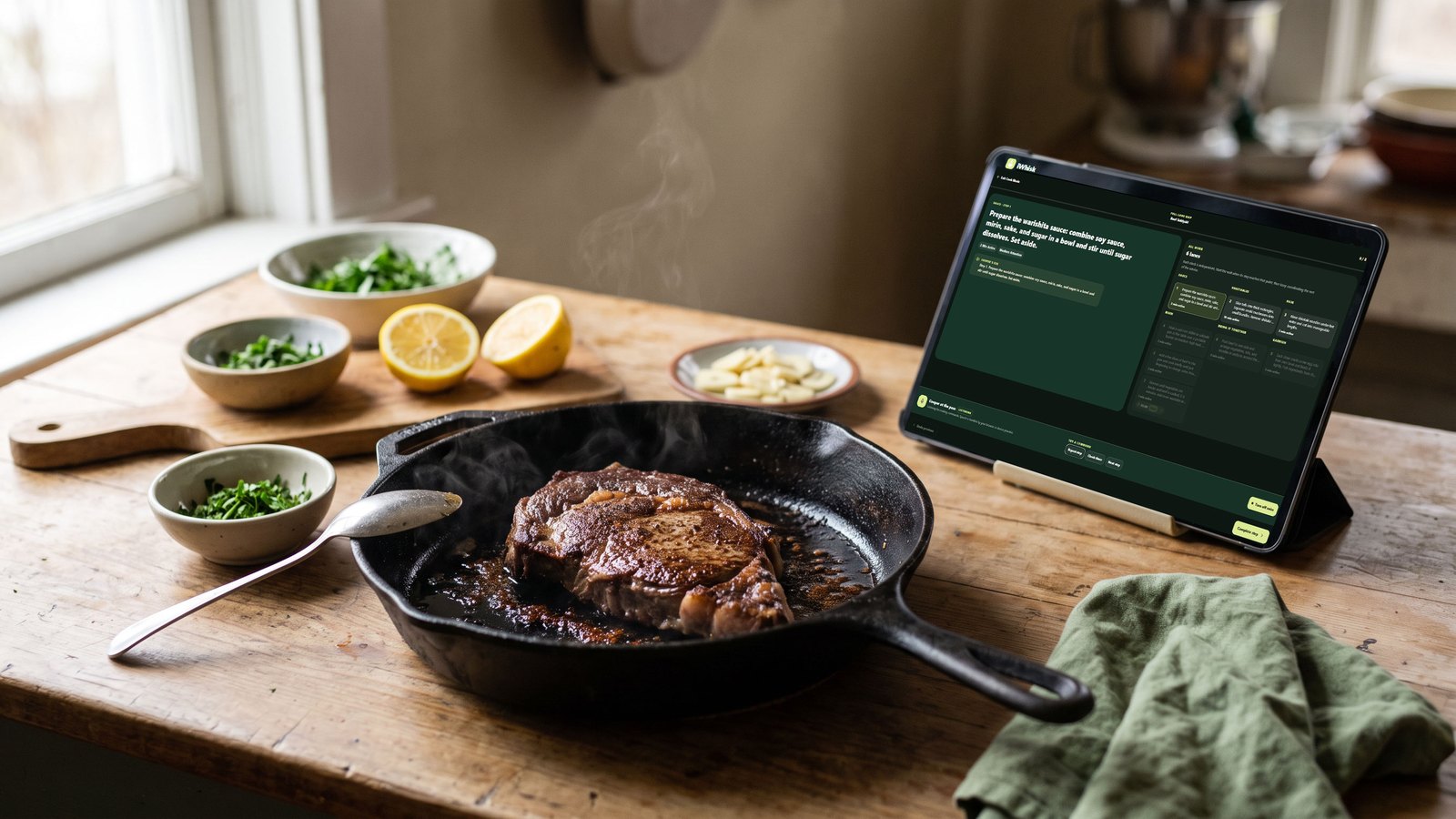 A seared steak steaming in pan sauce in a cast iron skillet on a wooden kitchen table, with bowls of chopped herbs, halved lemons and sliced garlic prepared and waiting alongside, and a tablet propped upright to the right, its screen dark