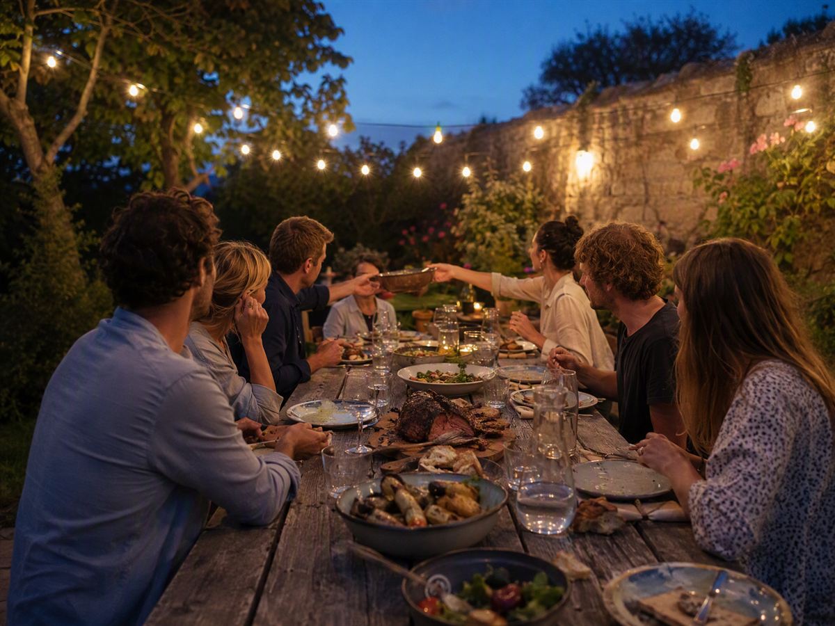 A long wooden table set outdoors in a walled garden at dusk, seen from one end. Seven people sit along both sides, turned toward each other, one passing a bowl across. The table carries a roast on a board, wide bowls of salad and roasted vegetables, bread, jugs and mismatched glasses. Strings of small warm bulbs hang overhead against the last blue of the sky.