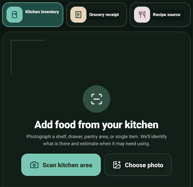 The Capture screen with three mode buttons across the top: Kitchen inventory, Grocery receipt, and Recipe source. Kitchen inventory is selected. Below it a framing panel reads Add food from your kitchen, with the note photograph a shelf, drawer, pantry area, or single item, we will identify what is there and estimate when it may need using, and two buttons: Scan kitchen area and Choose photo.