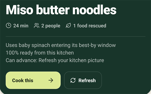 The recommendation card on Today. The dish is Miso butter noodles, marked 24 min, 2 people, 1 food rescued. Three reasons follow: uses baby spinach entering its best-by window, 100 percent ready from this kitchen, and can advance, refresh your kitchen picture. Two buttons sit below, Cook this and Refresh.